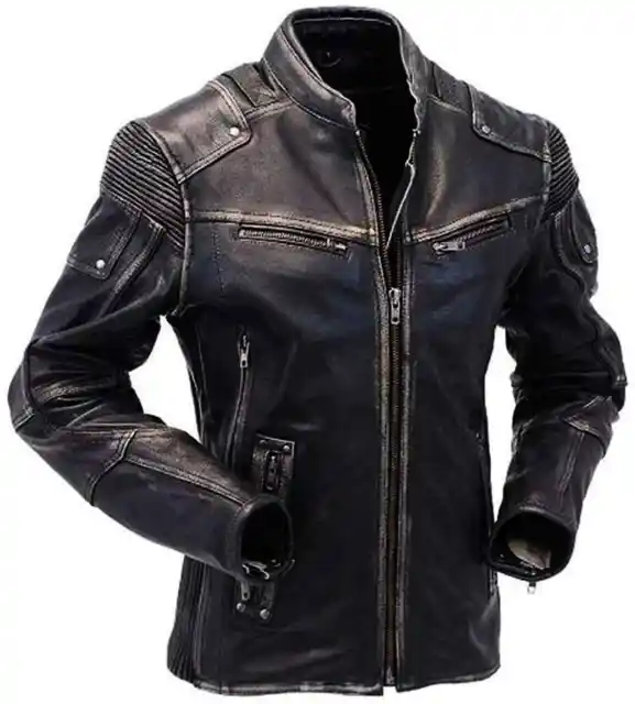 Mens Vintage Biker Warm Style Motorcycle Cafe Racer Distressed Leather Jacket XL
