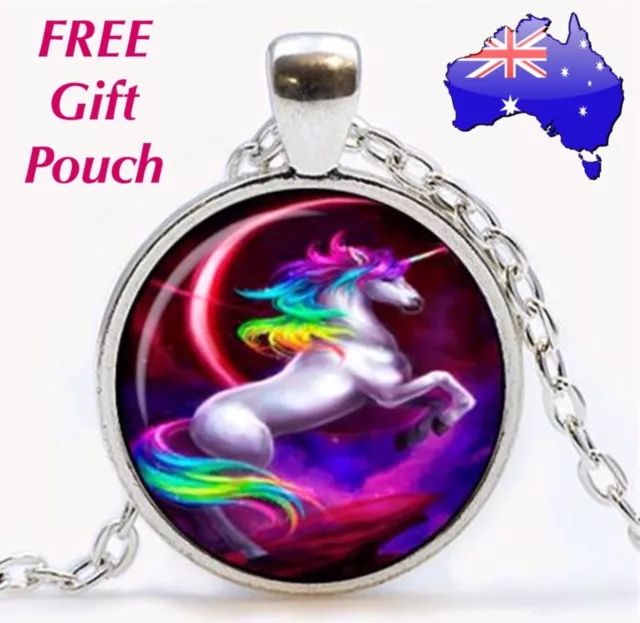 Rainbow Magical Unicorn Glass Pendant 925 Sterling Silver Chain Necklace Gift