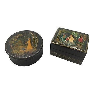 Lot Of 2 Vintage Russian Black Lacquer  Trinket Box Hand Painted