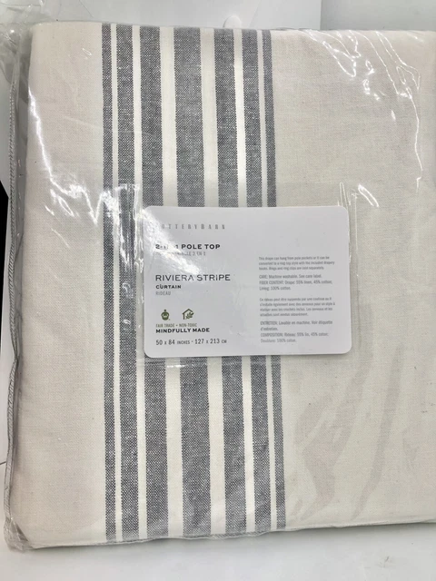 NEW Pottery Barn Riviera Striped 50x84 COTTON LINED Curtain Drape Panel Charcoal
