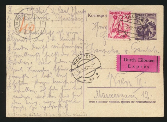 30 Gr. Trachten Express Ganzsachenkarte 1950 aus Seeham nach Wien