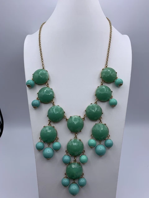 J.Crew Chunky Bib Gold Tone Green Turquoise Bubble Statement Necklace Fringe 28"