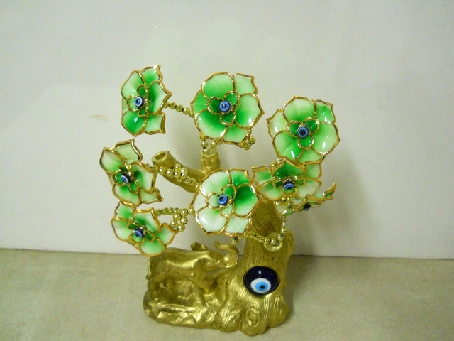 YU FENG Turkish Blue Evil Eye Gold Fortune Tree with Elephant Figurine & Flowers