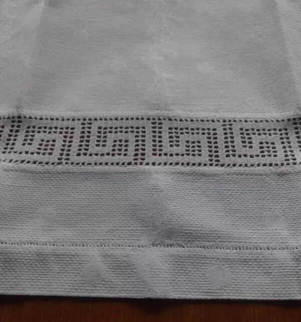 Antique Irish Linen Bath Hand Towel Greek Key Filet Crochet Lace Trim Damask