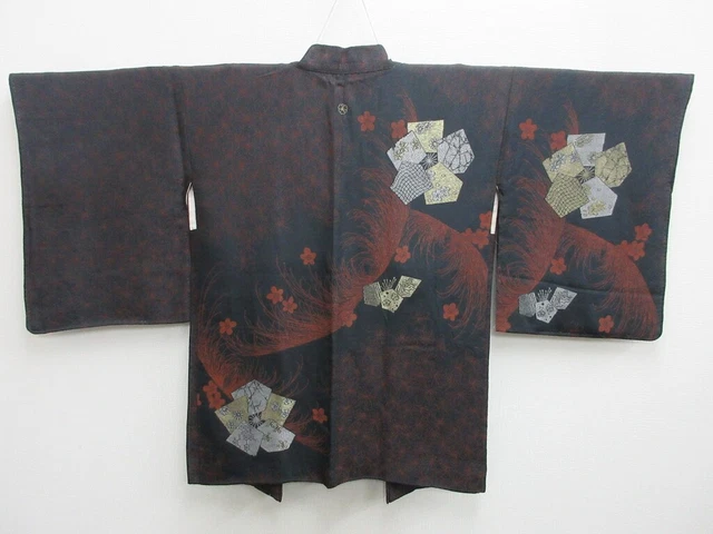 7846L3 Silk Vintage Japanese Kimono Haori Jacket Chrysanthemum Ume Urushi