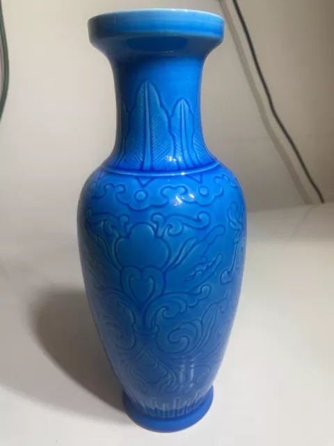 Antique Chinese Peacock Blue Turquoise Porcelain Rouleau Shaped Vase Late Qing !