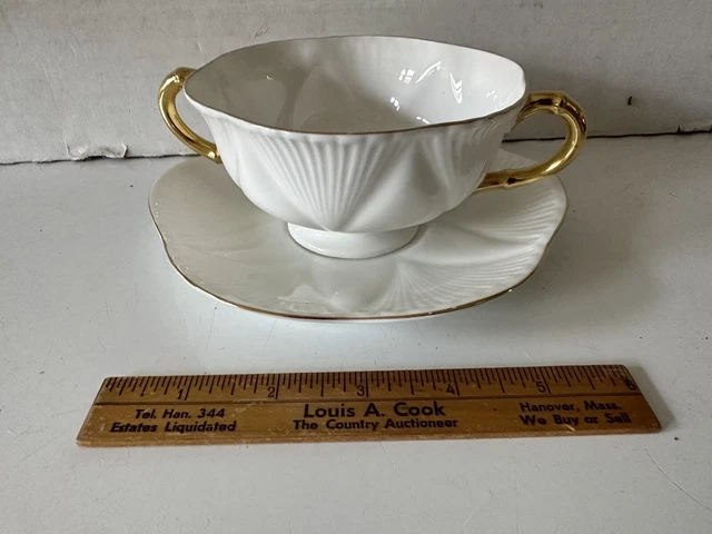 Shelley White & Gold Dainty Regency Bouillon Cup & Saucer Cream Soup Bowl