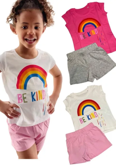 NEW girls pyjamas Be Kind Shorts & T-shirt Summer Pjs Rainbow Pink Kids 4-10 yrs