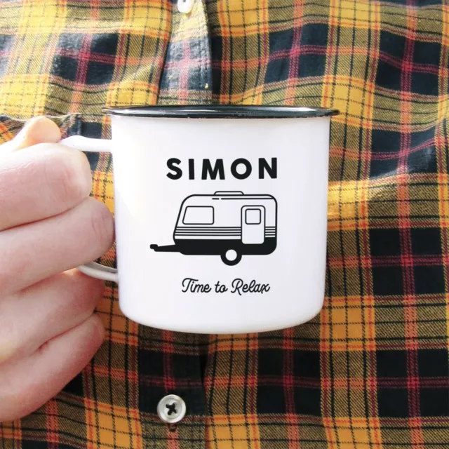 Personalisierter Wohnwagenbecher Dose Metall Camping Emaille Kaffee Teetasse beliebiger Name Slogan