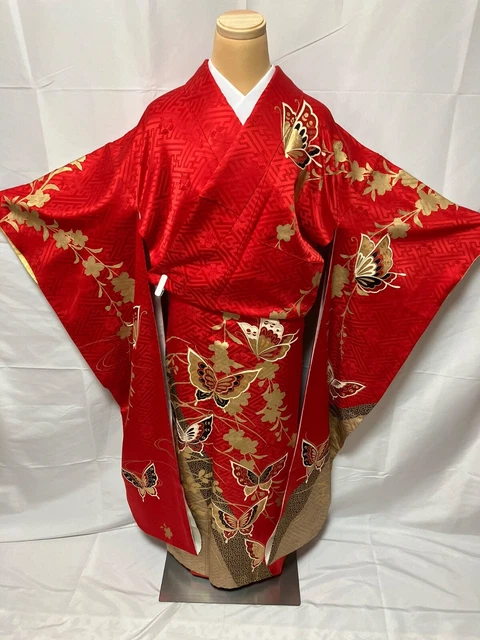 S019 Japanese Vintage Kimono Furisode 100%SILK/ Red Gold butterfly /Height 160cm