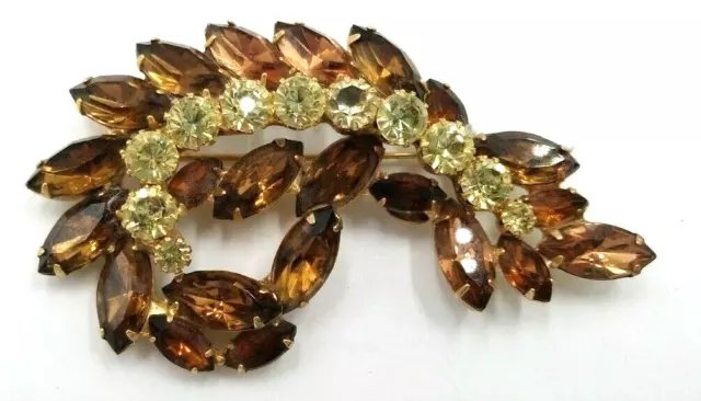 Vintage Alex & Ani Stunning Amber Navette & Clear Round Rhinestones Brooch Pin