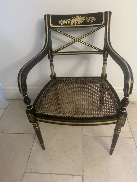 Ebonised Regency Edwardian Style Desk Elbow Chair Gold Gilt Cane seat