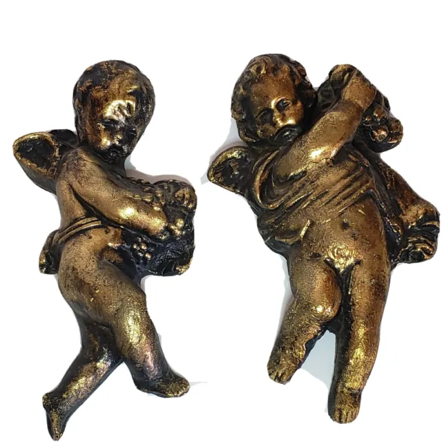 Pair of Vintage Italian Gold Gilt Wood Putti Gesso Wall Hanging Decor Angels 7"