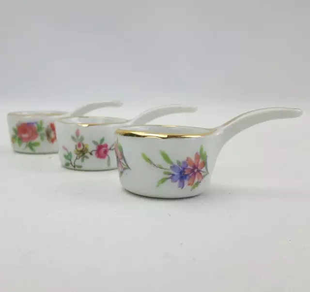 3x Lasserre Restaurant Paris Miniature Souvenir Saucepans - Floral Porcelain