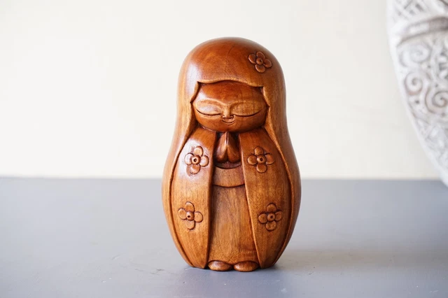 Lady Jizo Wooden Sculpture, Unique Handmade Buddha Jizo, Hand Carved Solid
