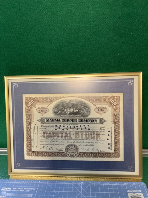 MAGMA COPPER CO FRAMED SHARE CERTIFICATE 100 Shares 1932