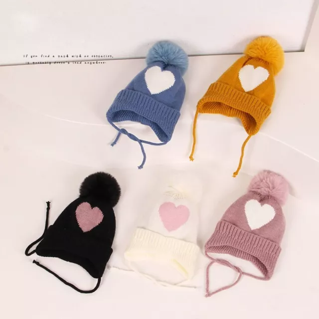 Cute Handmade Soft Heart Thick Warm Knitted Cap With Pompom Ear Warmer Beanie