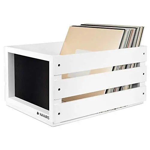 Navaris Wood Record Crate - Vinyl Album Storage Holder Box Wooden Case with C...