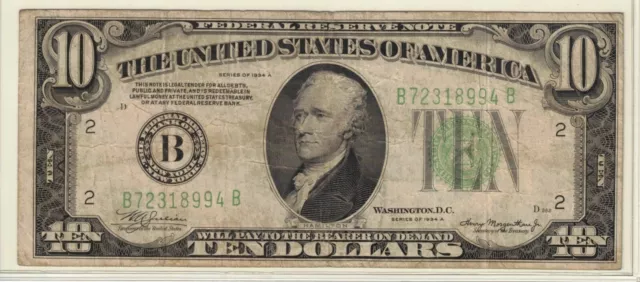 1934 A Ten Dollar Bill Light Green Seal Frn