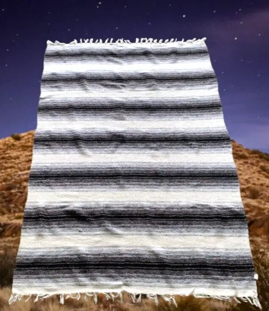 VTG Mexican Reyes Artesanias Black Gray Stripe Multicolor Woven Blanket Throw