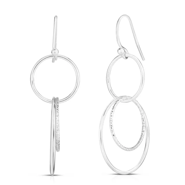 Italian 925 Sterling Silver Fancy Drop Dangle 3 Layer Round Hoop Hook Earrings