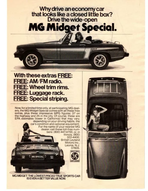 1976 MG Midget Special Free Radio Wheel Trim Rims Luggage Rack Striping Print Ad