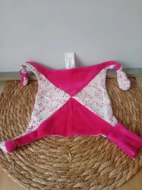 Doudou plat carré blanc rose pois attache tétine Absorba état neuf