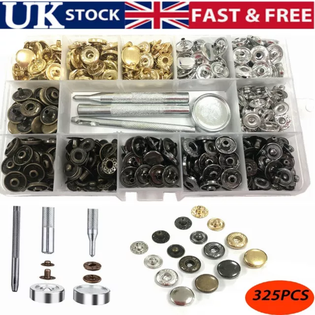 Button Tool 325PCS Heavy Duty Snap Fasteners Press Studs Kit +Poppers Leather