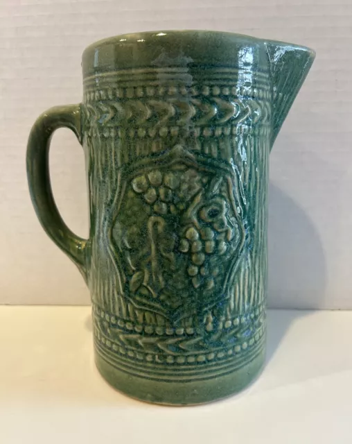 1920’s Nelson McCoy Central Grape Pattern Pitcher 8.5" Green 1.5 qt Stoneware