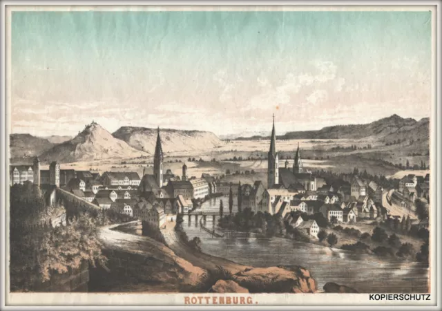 Rottenburg/Ehingen Gesamtansicht v.d.Höhe. Original getönte Lithographie v. 1869