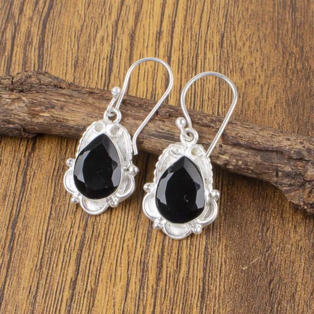 Natural Black Onyx Faceted Gemstone Earrings 925 Sterling Silver Indian Jewelry