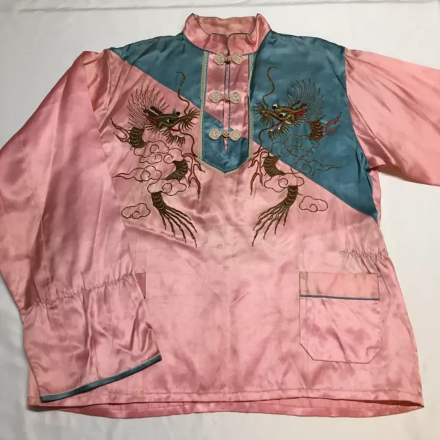 VTG 40s 50s Pink Satin Dragon Embroidered Sukajan Shirt Top Jacket Womens Medium