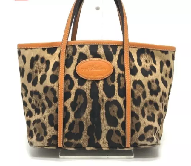 Authentic Dolce&Gabbana Tote Bag Canvas Leather Leopard Orange Brown Used