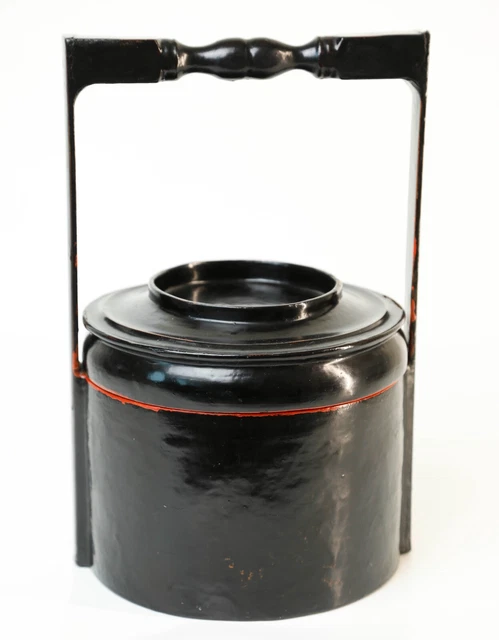 Rare Antique Burmese lacquer lunch box storage. Black and red. 19th century.