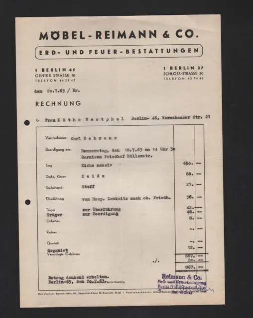 BERLIN, Rechnung 1963, Möbel-Reimann & Co. Erd-Feuer-Bestattungen