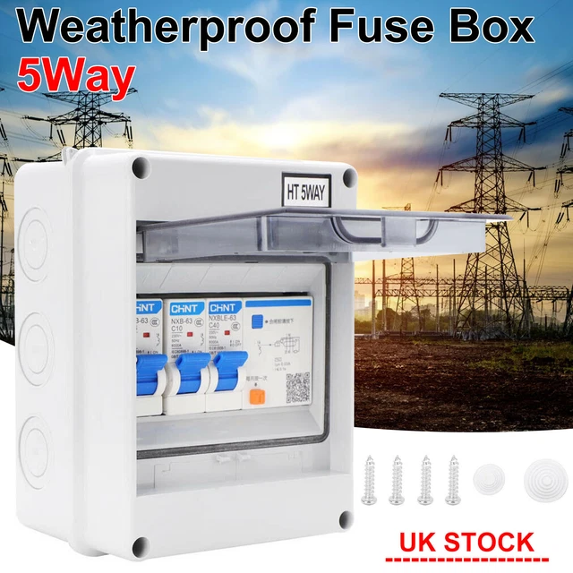 5 WAY WEATHERPROOF Fuse Box Garage Consumer Unit Enclosure 2 MCB 16 40A
