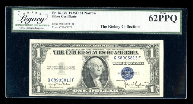 DBR 1935-D $1 Silver Fr. 1613N Narrow QF Block Legacy 62 PPQ Serial Q68905813F