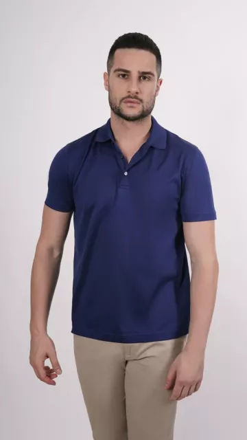 1st American Polo Manga Corta Hombre Algodón Hilo de Escocia Made IN Italy Azul