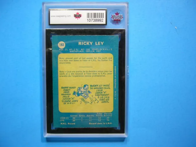 1969/70 O-Pee-Chee Nhl Hockey Card #183 Rick Ley Rookie Ksa 10 Gem Mt Sharp+ Opc 2
