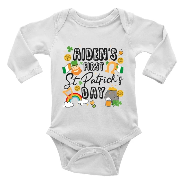 Personalised First St Patrick's Day Baby Grow Vest Clover Irish Leprechaun L/S