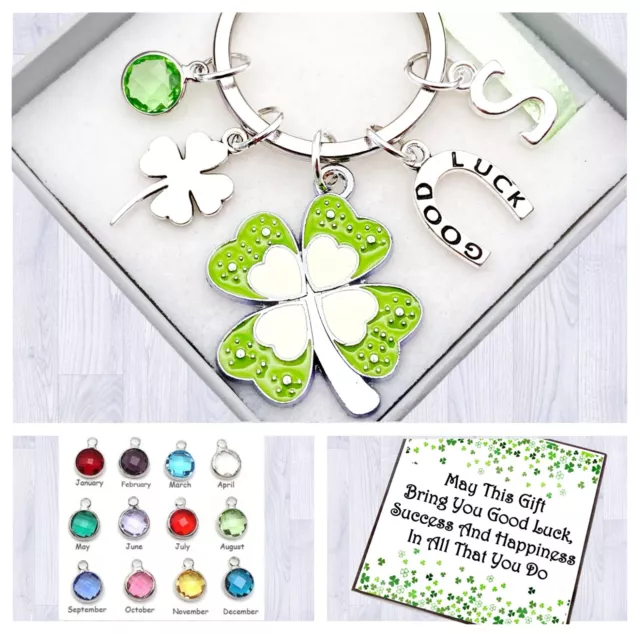 Good Luck Gift.  Clover Keyring. Initial. Birthstone. Exams. Leaving. Retirement