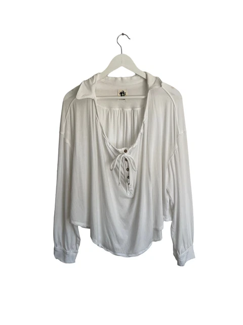 Free People NWOT Luna Tee Shirt Button Neck Tie RRP £78 White Size XS 8 10