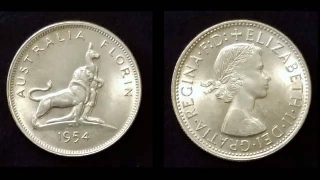 AUSTRALIA 1954 Silver Florin QEII Royal Visit Commemorative Coin -F02