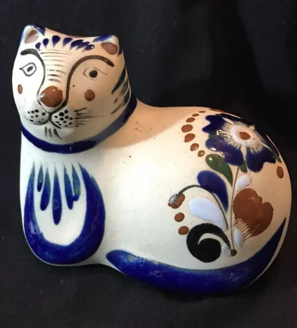 Ceramic Cat Figurine Hand Painted Made in Mexico signed by Artist Enamel Painted