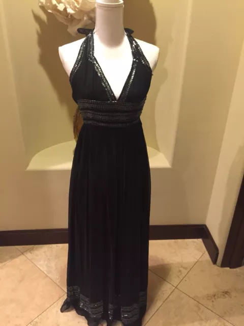 Adrianna Papell Evening Women's Black Halter Beaded Evening Dress Gown SZ 4