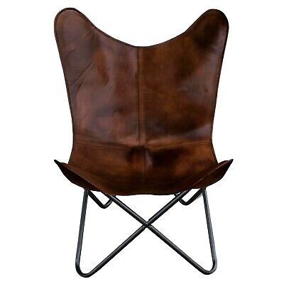 Handmade Vintage Leather Butterfly Chair Arm Relax Folding Sleeper Seat Brown