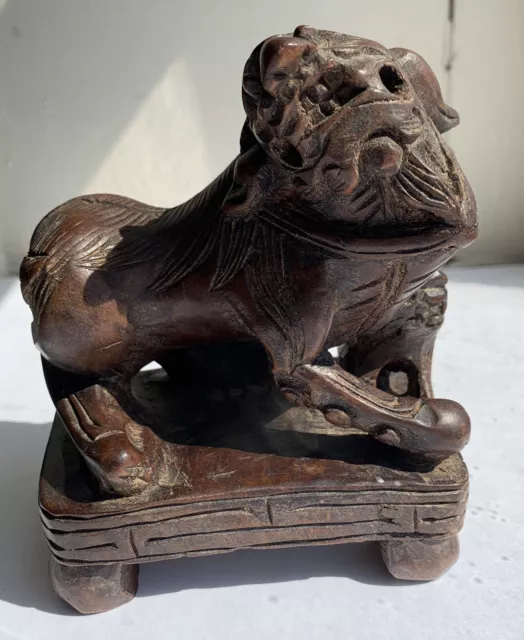 Antique Chinese Foo Lion Carved Wood Sculpture Protecting Her Baby