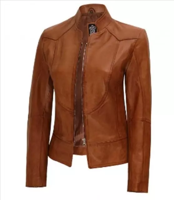 Amy Women's Tan Cafe Racer Real Leather Jacket Biker Tan