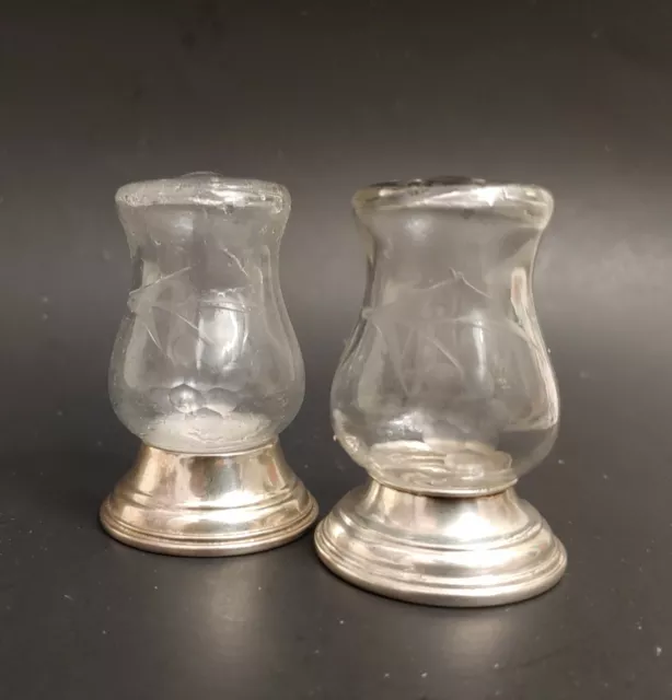Vintage Alvin S270 Sterling Silver Weighted Etched Glass Salt and Pepper Shakers