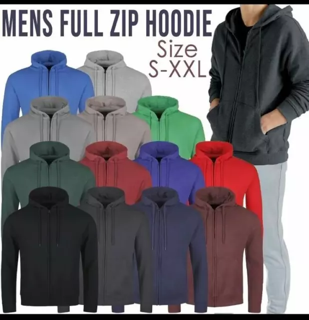 Mens Full Zip Up Plain Hooded Sweatshirt Hoodie Adult Fleece Zipper Hoody Top UK